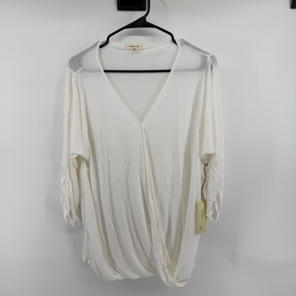 Paper + Tee Womens‎ White Draped V-Neck 3/4 Ruched Sleeve Top 2X K63213AX NWT